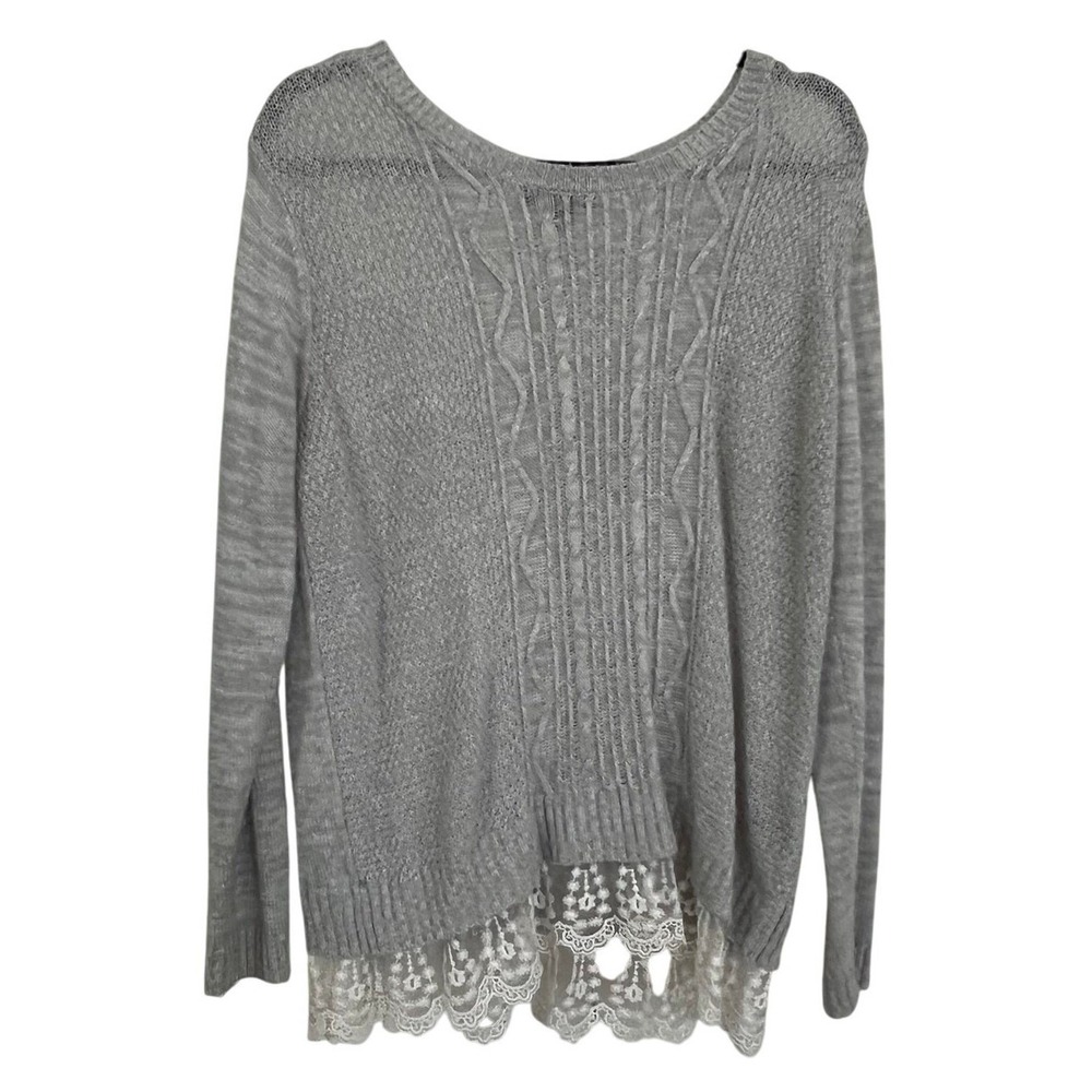 AB‎ Studio Sweater Women's Size Large Gray Cable Knit White/Cream Lace Trim